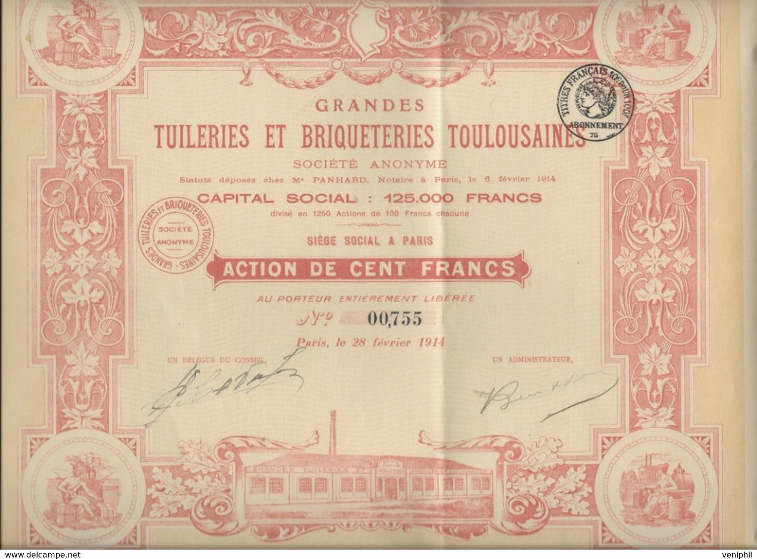 GRANDES TUILERIES ET BRIQUETERIES TOULOUSAINES-DIVISE EN 1250 ACTIONS ILLUSTREES  DE 100 FRS - ANNEE 1914 - Industry