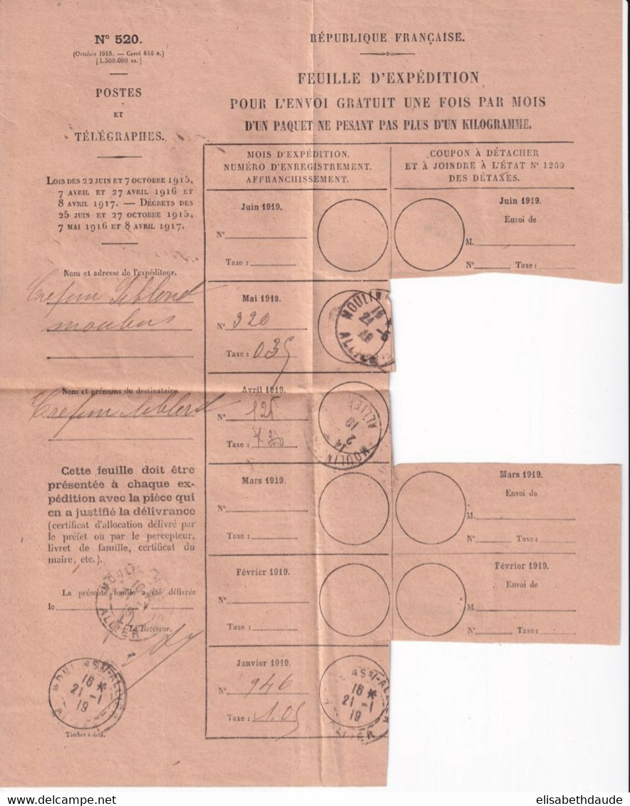 FERROVIAIRE / COLIS POSTAUX - 1919 - FEUILLE EXPEDITION ENVOI GRATUIT UNE FOIS PAR MOIS ! De MOULINS (ALLIER) - Covers & Documents
