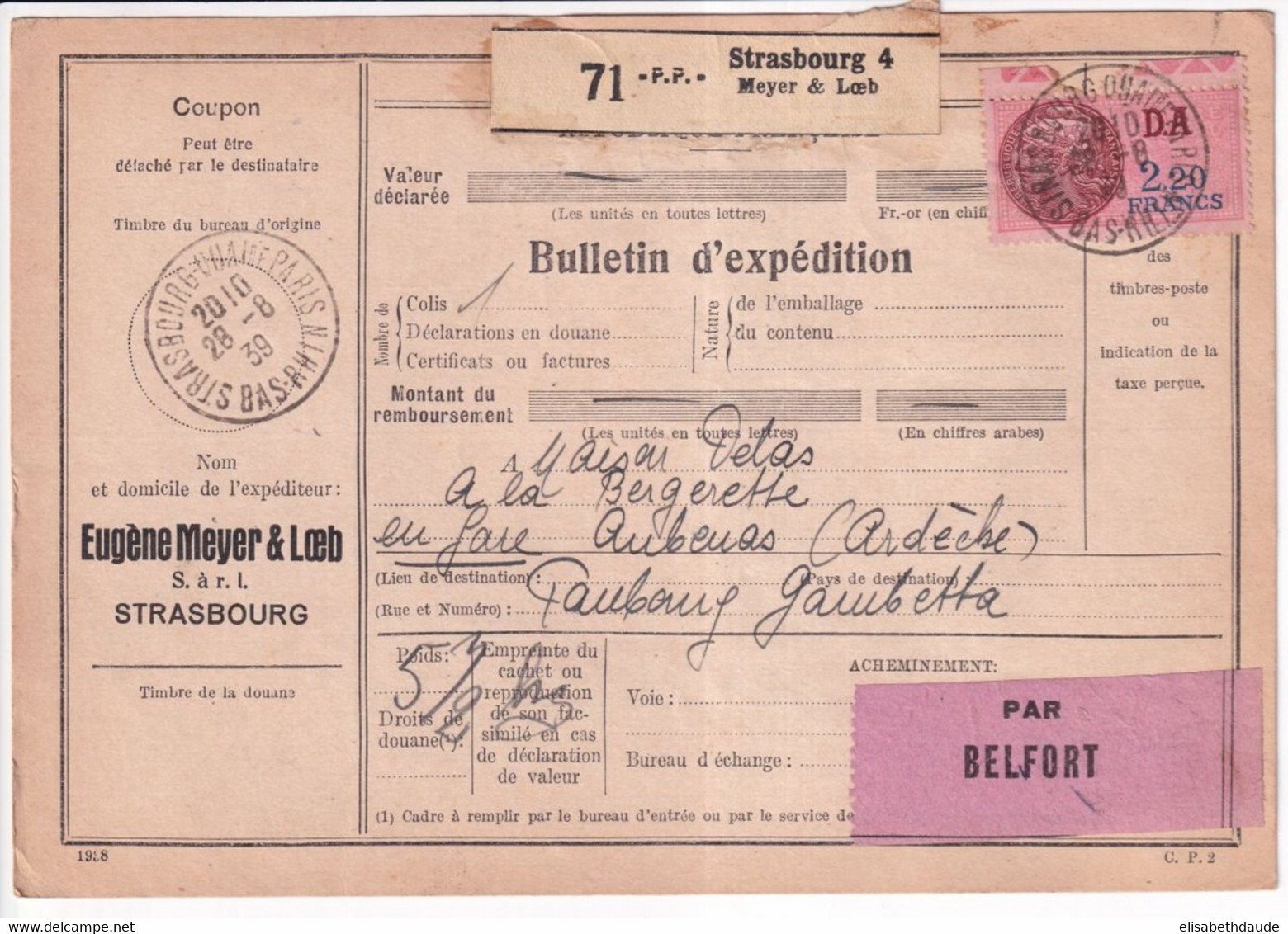 COLIS POSTAUX ALSACE - 1939 - FISCAUX Sur CARTE EXPEDITION REPIQUEE ! ET PORT PAYE !! De STRASBOURG - Briefe U. Dokumente