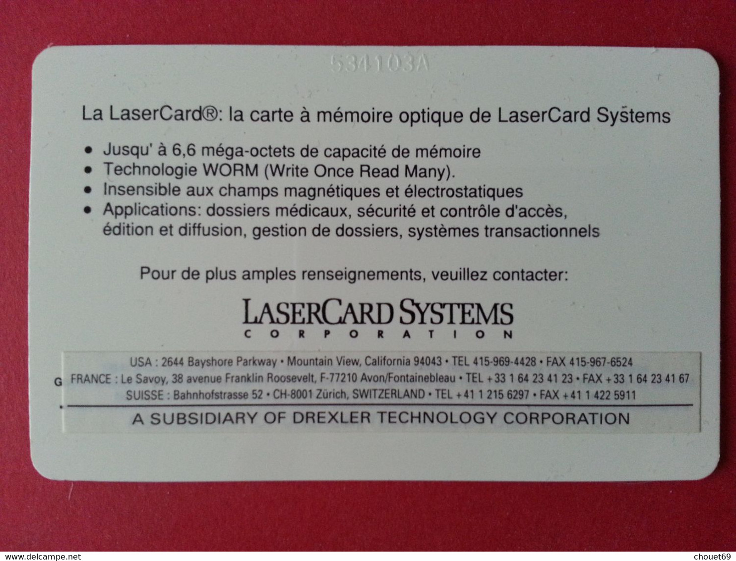 USA - Optical Memory Card DELA 4.1 MB - LaserCard Systems Laser Dans Pochette Origine Adresse France (BR0621 Test Demo - Other & Unclassified