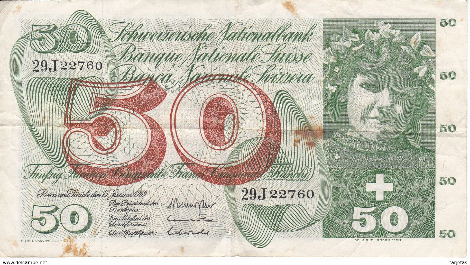 BILLETE DE SUIZA DE 50 FRANCS DEL AÑO 1969  (BANKNOTE) - Suisse