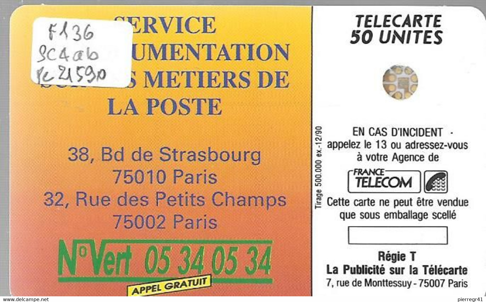 CARTE-PUBLIC-F-136-1990-50U-SC4ab-Trou 6-LA POSTE-Ile De France-5 Pe 21590-UTILISEE-  TBE- - 1990