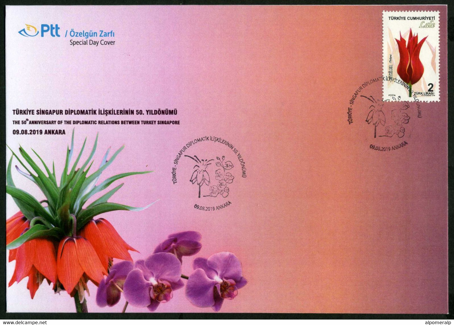 Türkiye 2019 Diplomatic Relations With Singapore, 50th Anniv. | Flower, Tulip, Special Cover - Cartas & Documentos