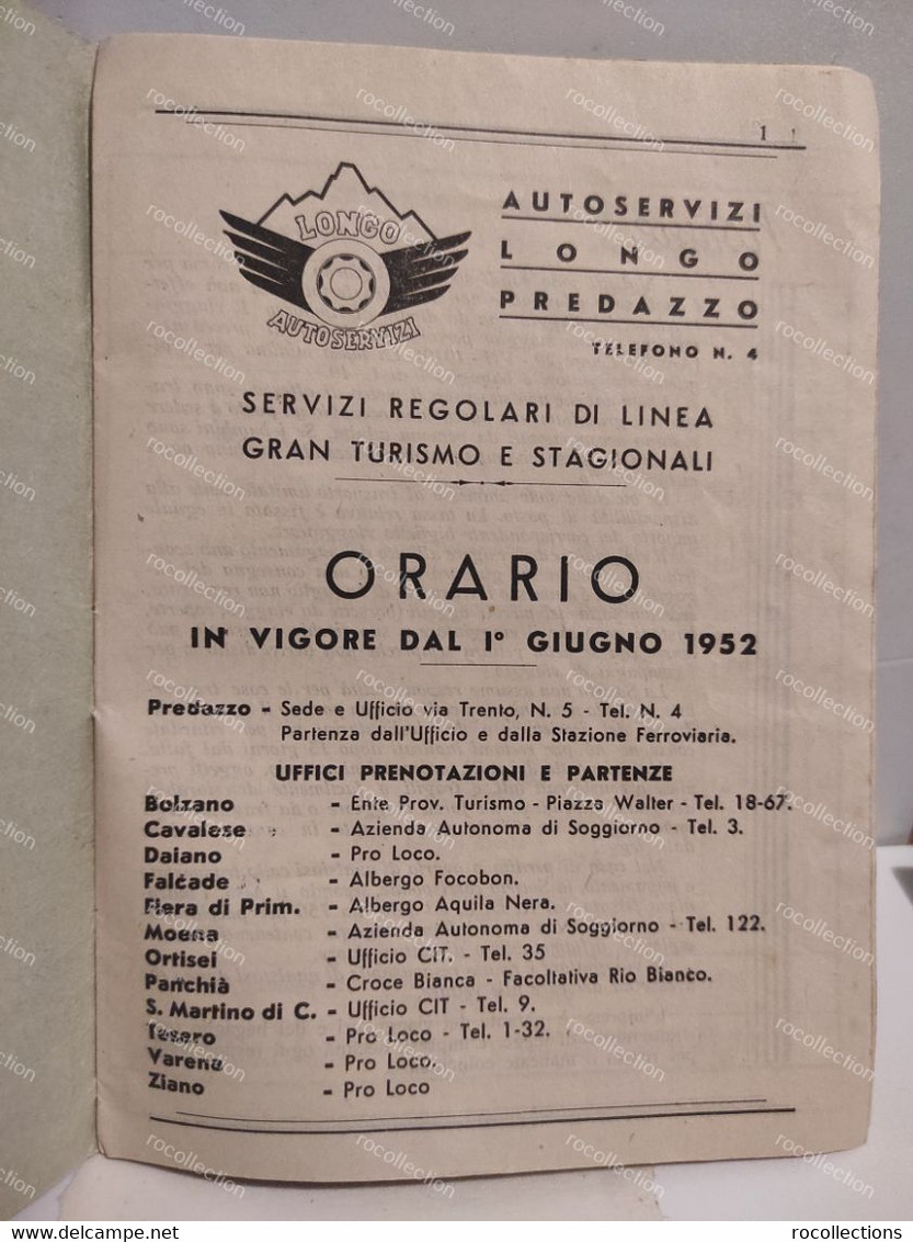 Italy ORARI Timetable 1952 Autoservizi Longo PREDAZZO - Europa