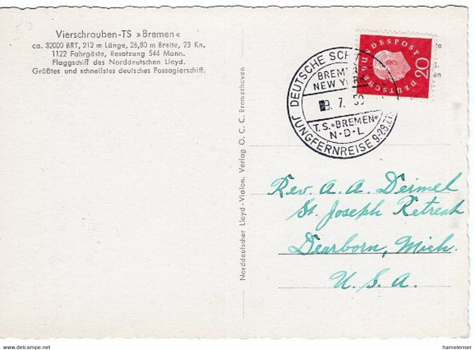 50674 - Bund - 1959 - 20Pfg. Heuss III EF A. AnsKte. M. Stpl. DEUTSCHE SEEPOST - JUNGFERNREISE TS "BREMEN" -> U.S.A. - Covers & Documents