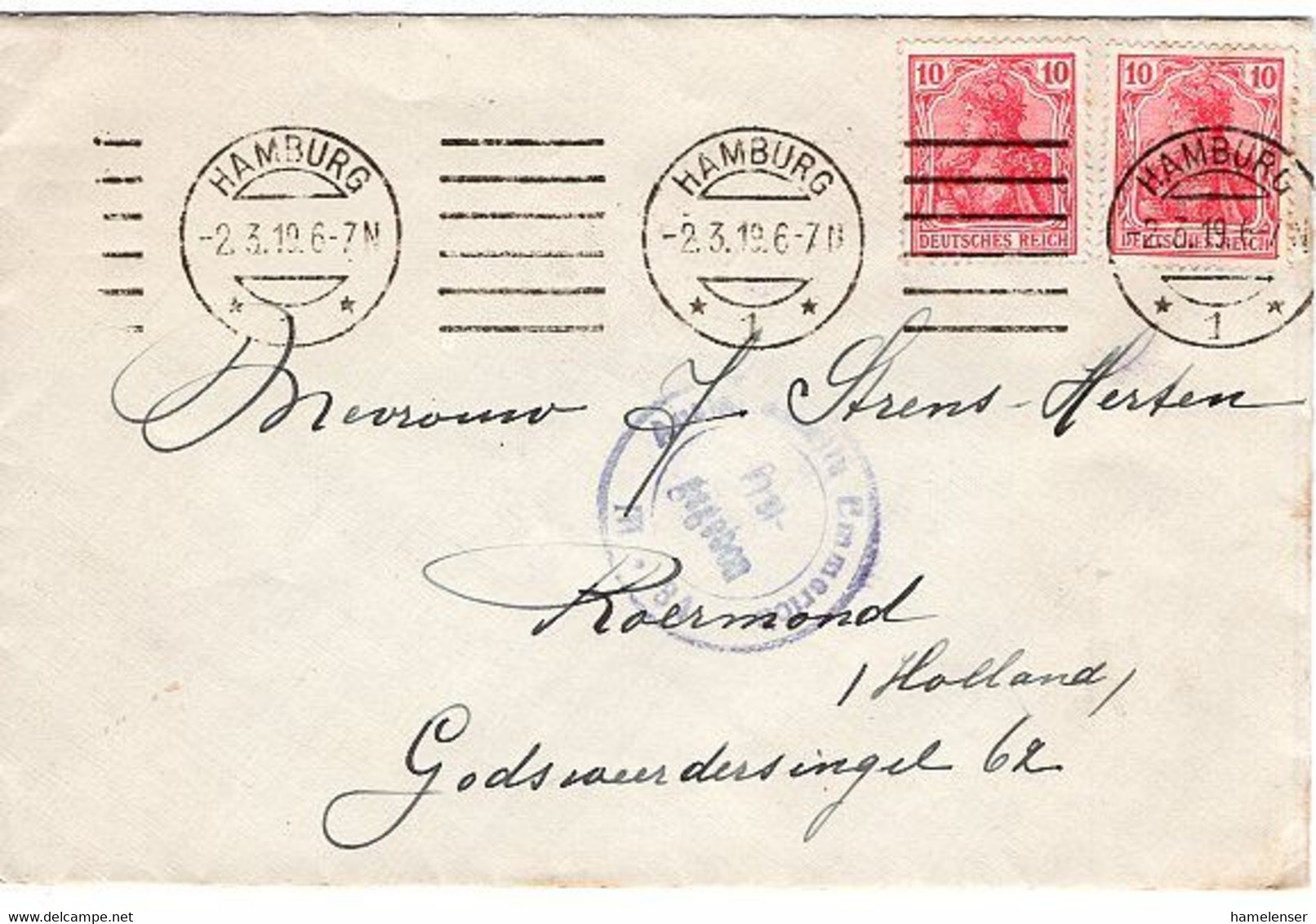 50676 - Deutsches Reich - 1919 - 2@10Pfg. Germania A. Bf. M. Dt. Zensurstpl. HAMBURG -> ROERMOND (Niederland) - Storia Postale