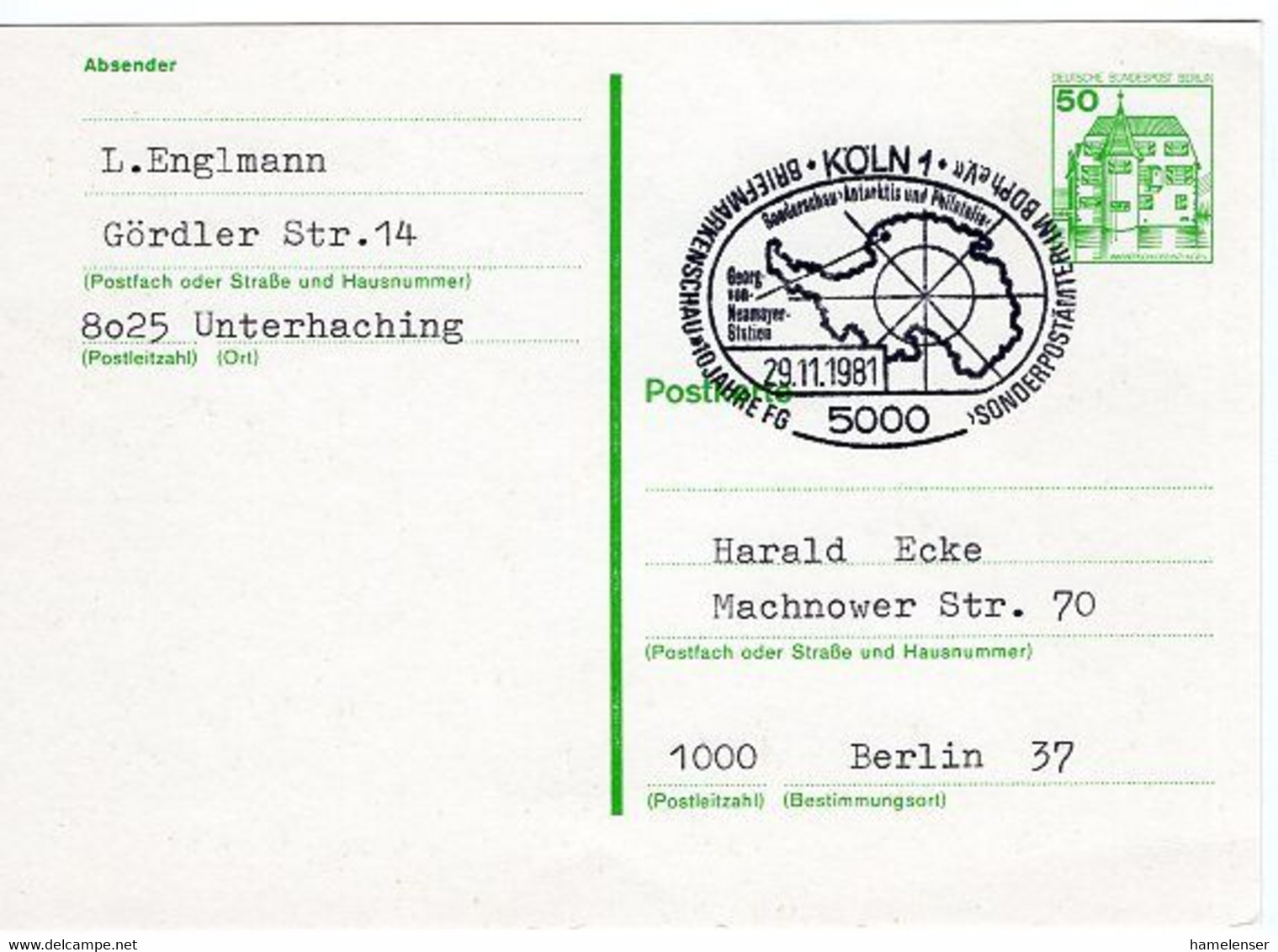 50681 - Bund - 1981 - 50Pfg. Berlin B&S GAKte. M. SoStpl. KOELN - SONDERSCHAU ANTARKTIS UND PHILATELIE -> Berlin - Andere & Zonder Classificatie