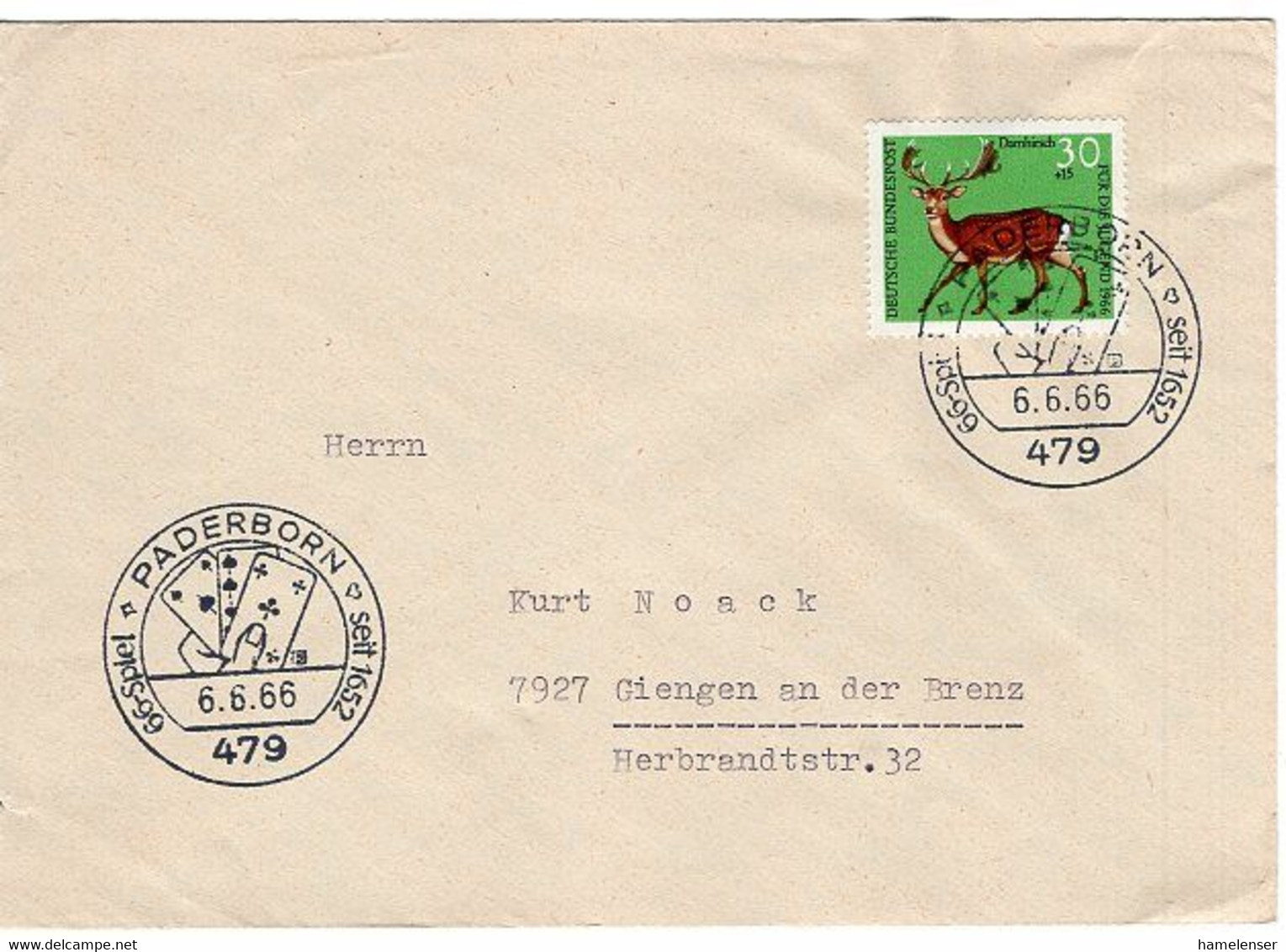 50683 - Bund - 1966 - 30Pfg. Damhirsch EF A. Bf. M. SoStpl. PADERBORN - 66-SPIEL SEIT 1652 -> Giengen - Unclassified