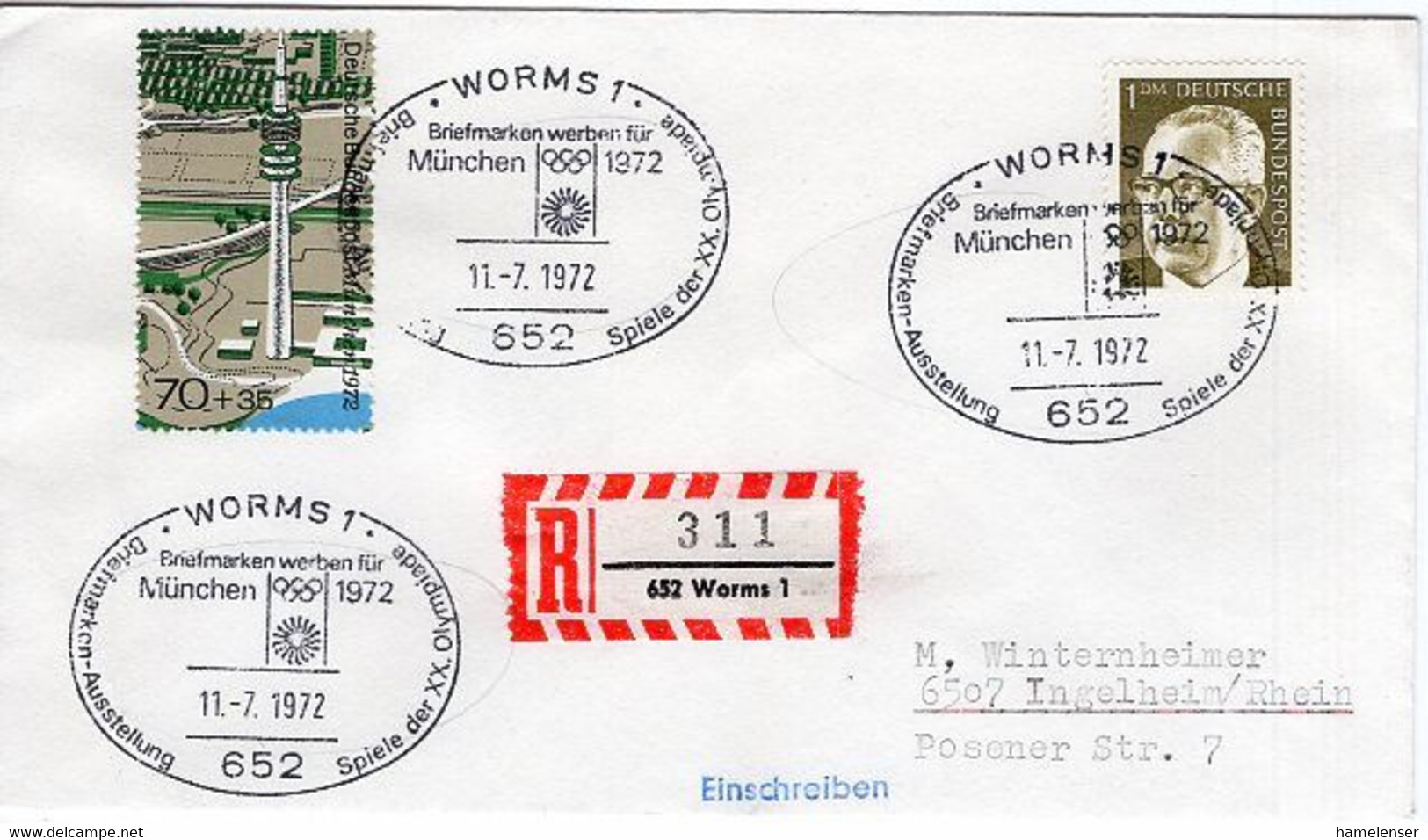 50687 - Bund - 1972 - R-Bf. M. SoStpl. WORMS - BRIEFMARKEN WERBEN FUER MUENCHEN -> Ingelheim - Verano 1972: Munich