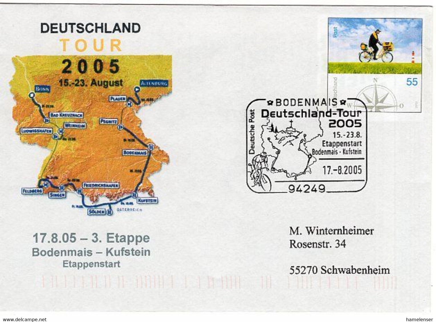 50698 - Bund - 2005 - 50Pfg. Plusbrief M. SoStpl. BODENMAIS - DEUTSCHLAND-TOUR 2005 -> Schwabenheim - Cycling