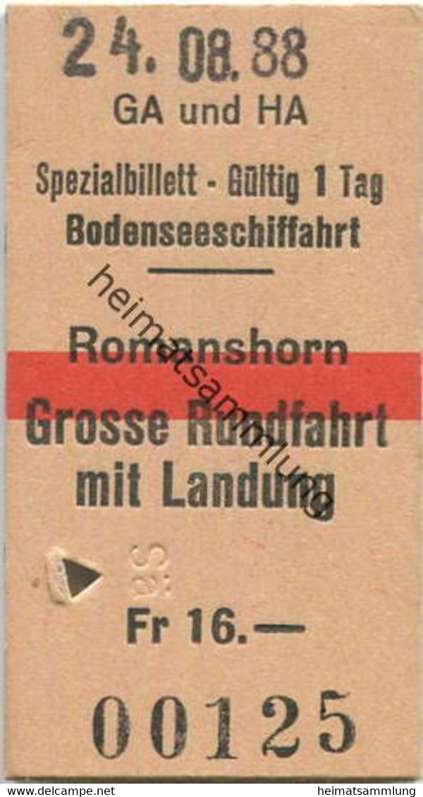 Schweiz - Spezialbillet GA Und HA Bodenseeschiffahrt - Romanshorn Grosse Rundfahrt Mit Landung - Fahrkarte 1988 - Europe