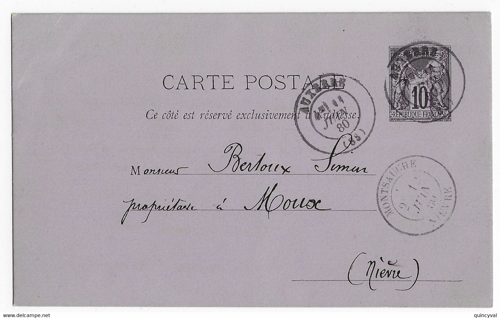 AUXERRE Yonne Carte Postale Entier 10c Sage Sur Lilas SANS République RESERVE EXCLUSIVEMENT Yv 89-CP1 Dest Montsauche - Cartoline Postali E Su Commissione Privata TSC (ante 1995)