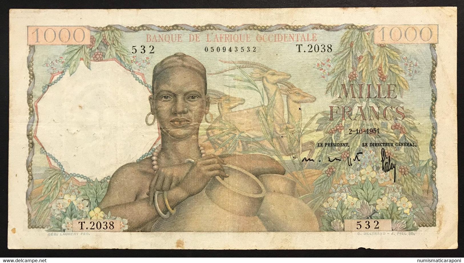 Afrique Occidentale AOF French West Africa 1000 Francs 02 10 1951 Pick#42 Forellini E Pieghe  Lotto 3717 - Estados De Africa Occidental