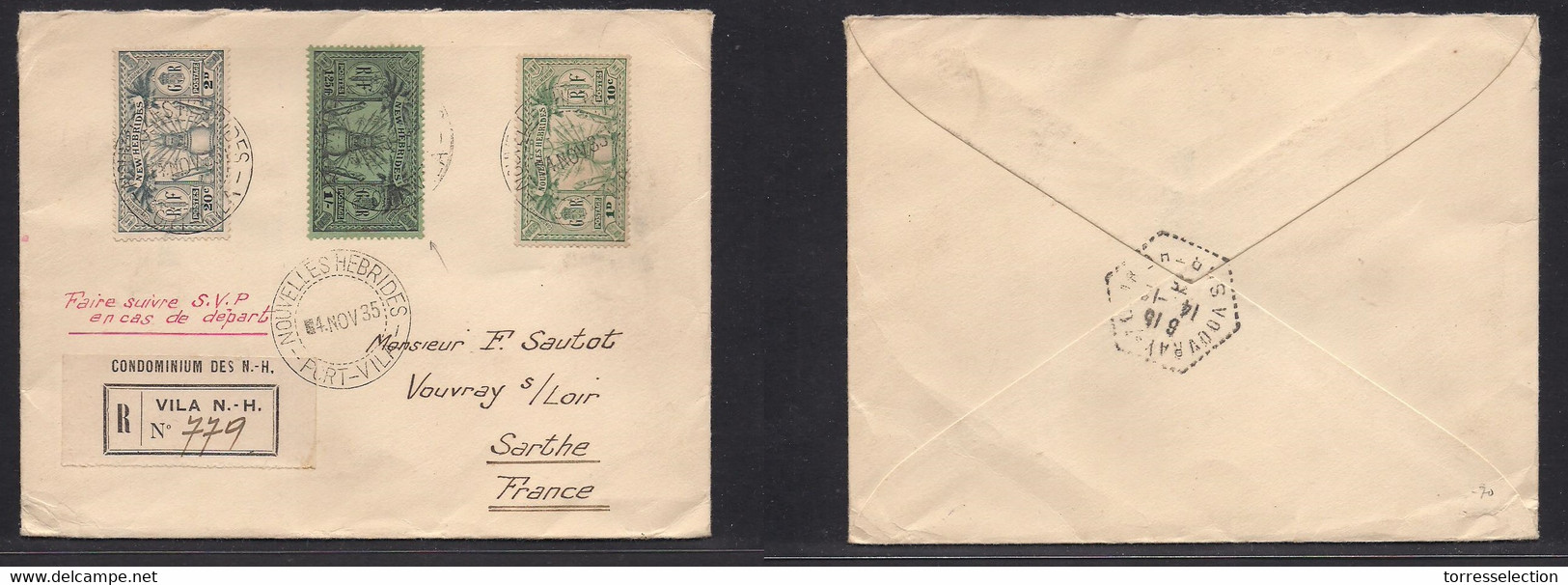 Bc - New Hebrides. 1935 (4 Nov) Port Vila - France, Sarthe (14 Dec) Registered Multifkd Env Incl 1sh (1fr 25c) Value All - Other & Unclassified