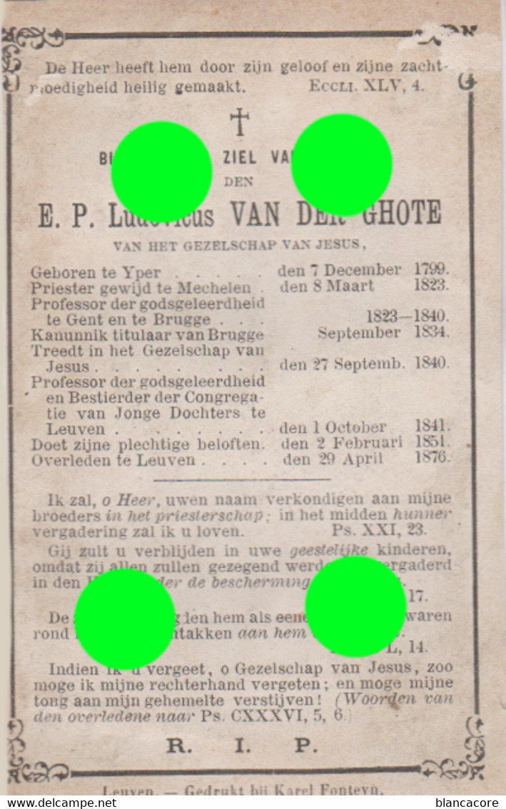 Ludovicus VAN DER GHOTE Yper Ieper Ypres 1799 + Mechelen Brugge Leuven / Décédé à Leuven 1876 / Priester Professor - Décès