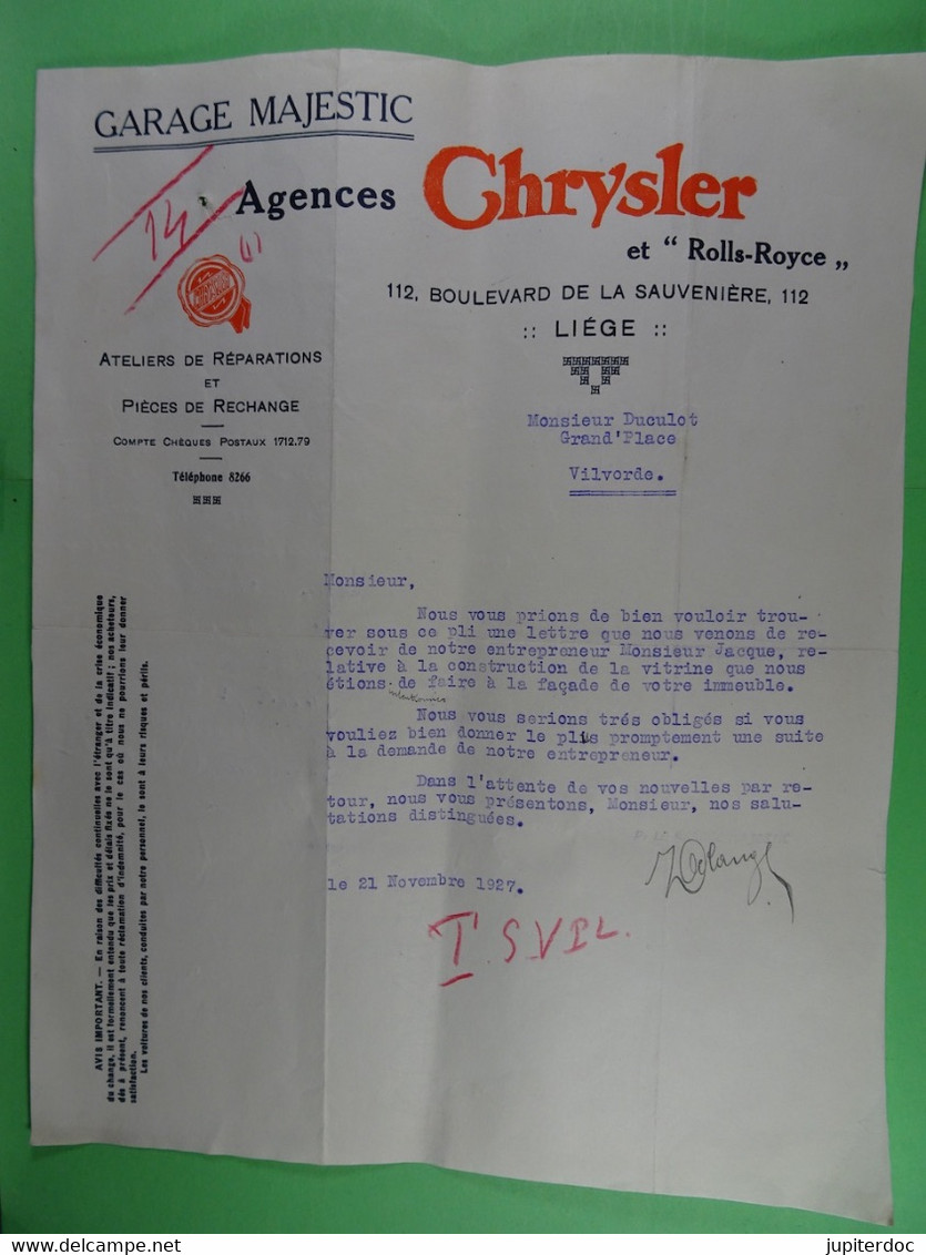 Garage Majestic Agences Chrysler Et Rolls-Royce Boulevard De La Sauvenière Liège 1927 - Auto's