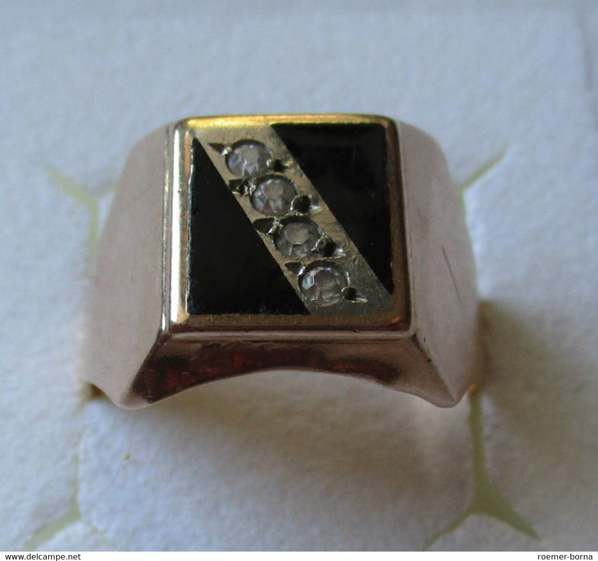 Hochwertiger Herrenring 585er Gold Mit 4 Weißen Edelsteinen & Onyx (153520) - Ringe