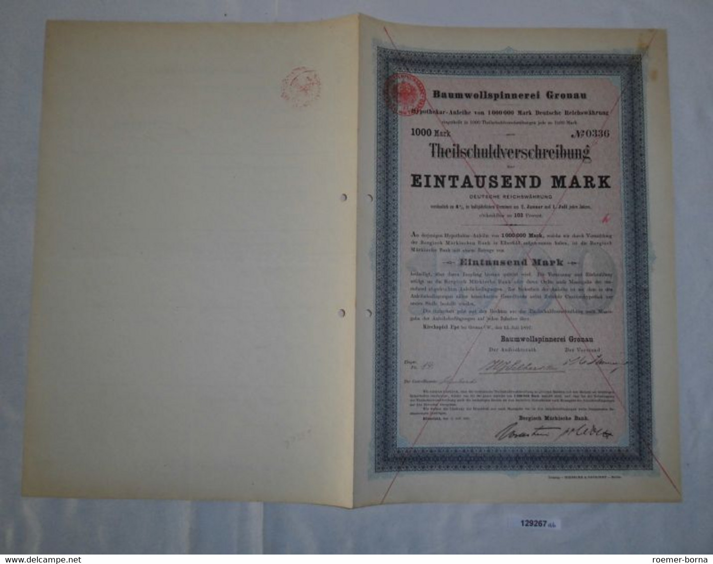 1000 Mark Teilschuldverschreibung Baumwollspinnerei Gronau 15.Juli 1897 (129267) - Textile