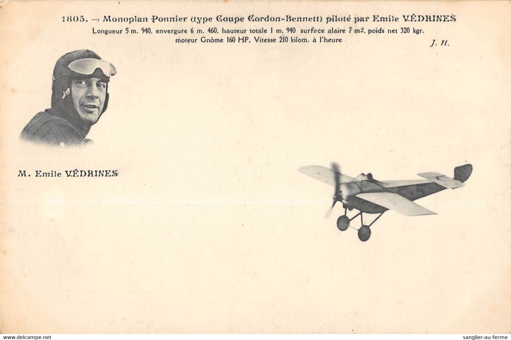 CPA AVIATION MONOPLAN PONNIER TYPE COUPE GORDON BENETT PILOTE PAR EMILE VEDRINES - ....-1914: Précurseurs