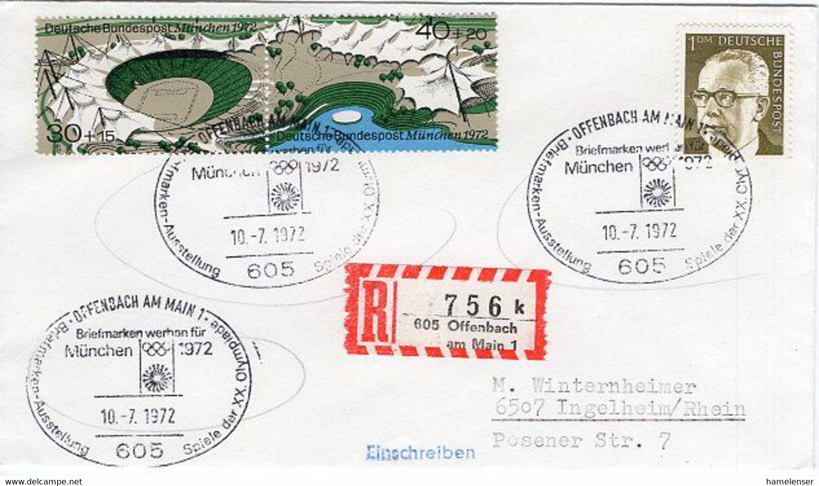 50708 - Bund - 1972 - R-Bf. M. SoStpl. OFFENBACH - BRIEFMARKEN WERBEN FUER OLYMPIA -> Ingelheim - Ete 1972: Munich