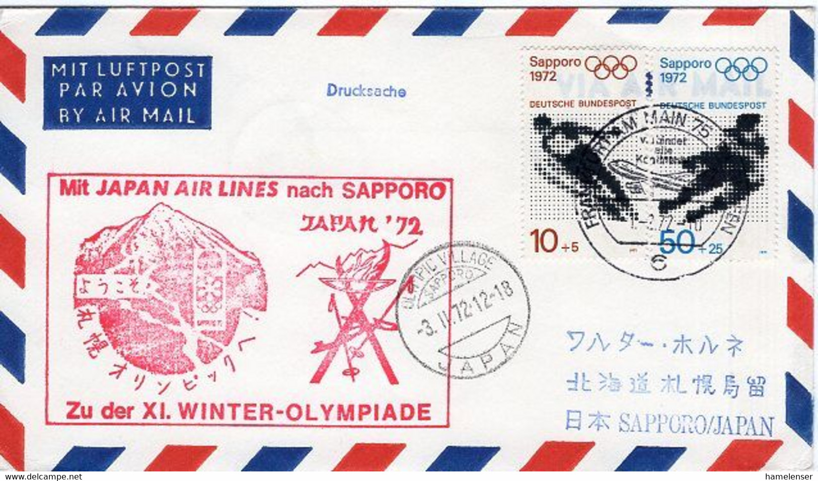 50716 - Bund - 1972 - Grussflugpostbf. FRANKFURT -> OLYMPIC VILLAGE SAPPORO JAPAN - Inverno1972: Sapporo