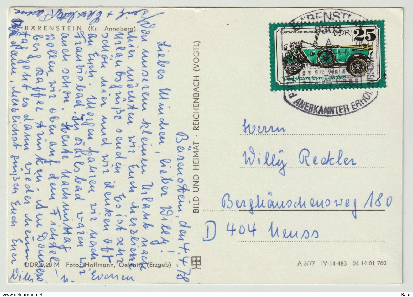 AK SW Bärenstein Kr. Annaberg 1977, Postalisch Gelaufen Mit Sonderstempel, 2 Scans - Baerenstein