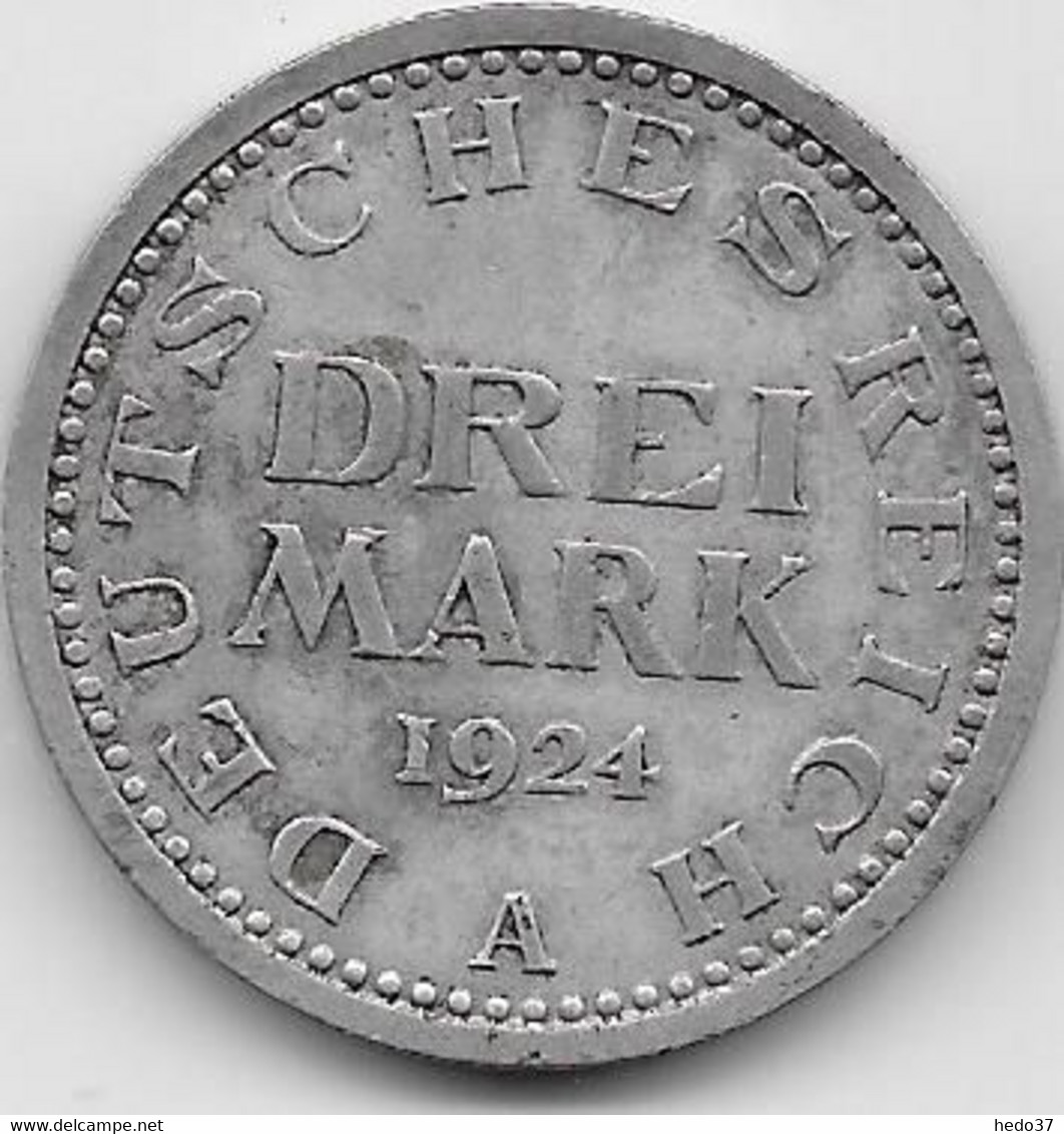 Allemagne - 3 Reichsmark 1924 A - Argent - 3 Mark & 3 Reichsmark