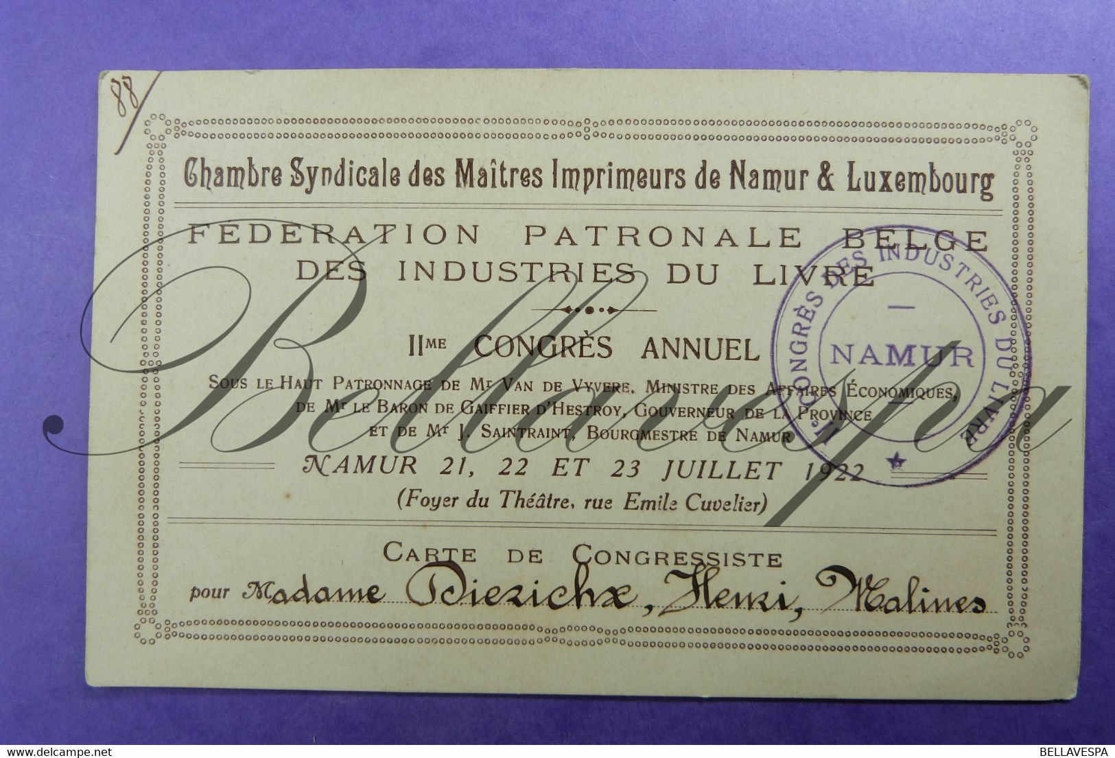 Maîtres Imprimeurs Namur Luxembourg Congres 1922 Foyer Dierichx Henri Mechelen Deelnemerskaart - Tickets - Vouchers