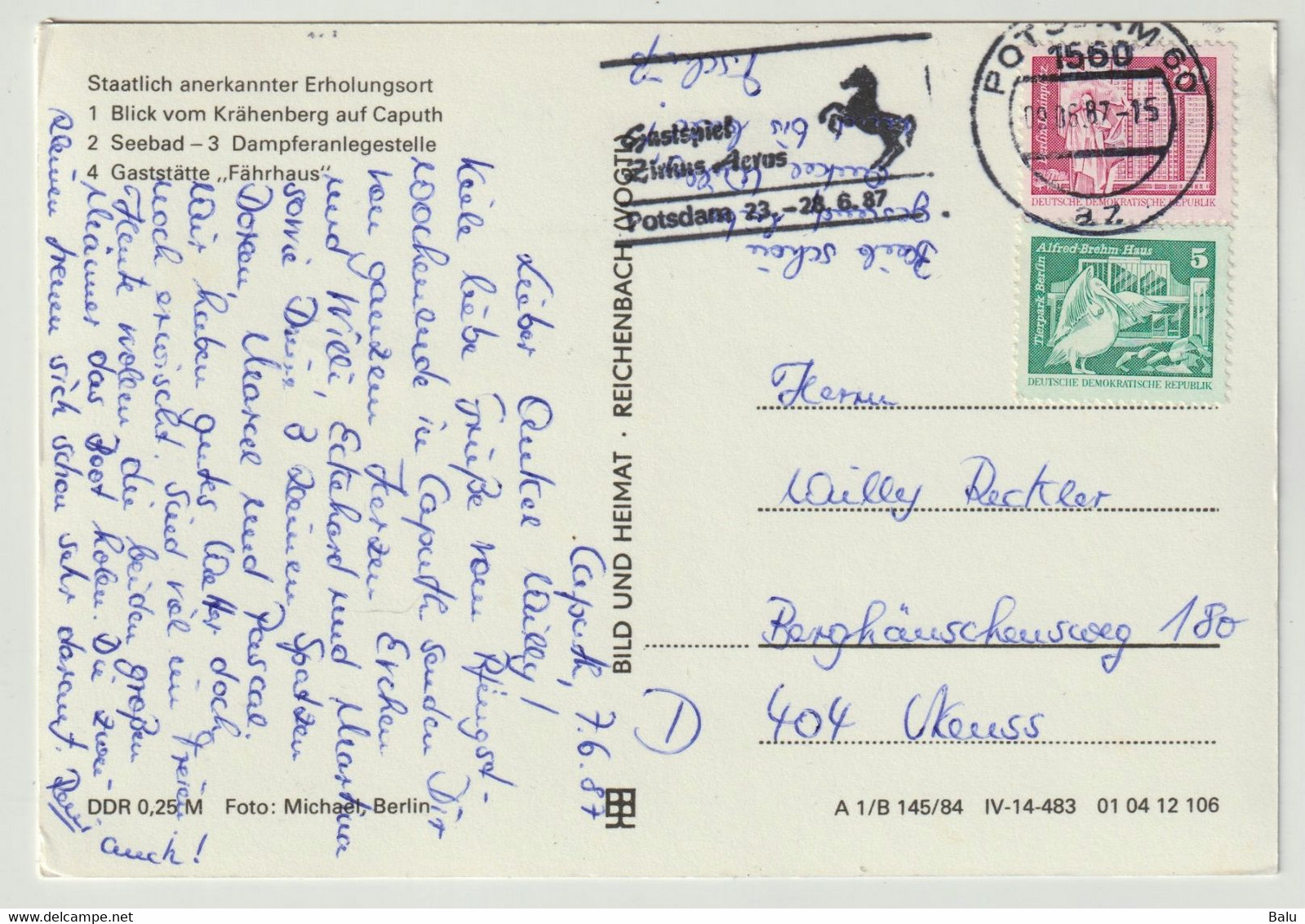 MBK SW Grüße Aus Caputh Kr. Potsdam 1984, Krähenberg Seebad Dampferanlegestelle, Fährhaus, Postalisch Gelaufen, 2 Scans - Caputh