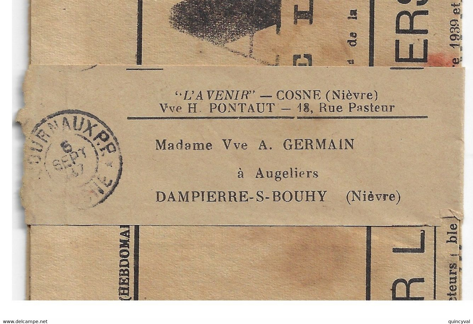 COSNE JOURNAUX P.P.  Nièvre Bande De Journal L'AVENIR Adressé Port Payé à Dampierre Sous BOUY 09/1947 Bande Coupée - Handstempels