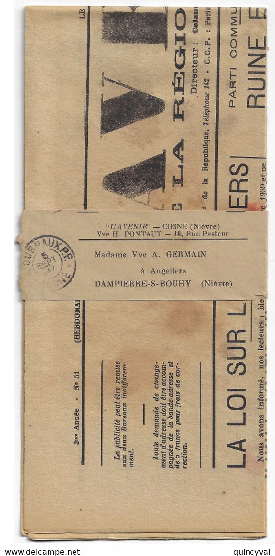 COSNE JOURNAUX P.P.  Nièvre Bande De Journal L'AVENIR Adressé Port Payé à Dampierre Sous BOUY 09/1947 Bande Coupée - Handstempel