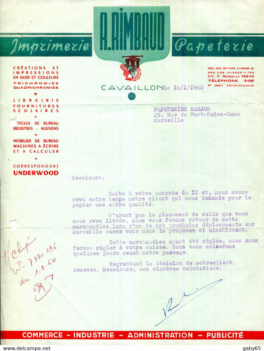 FACTURE.84.VAUCLUSE.CAVAILLON.IMPRIMERIE.PAPETERIE.CREATIONS & IMPRESSIONS EN NOIR & COULEUR.R.RIMBAUD.2 PIECES. - Imprimerie & Papeterie