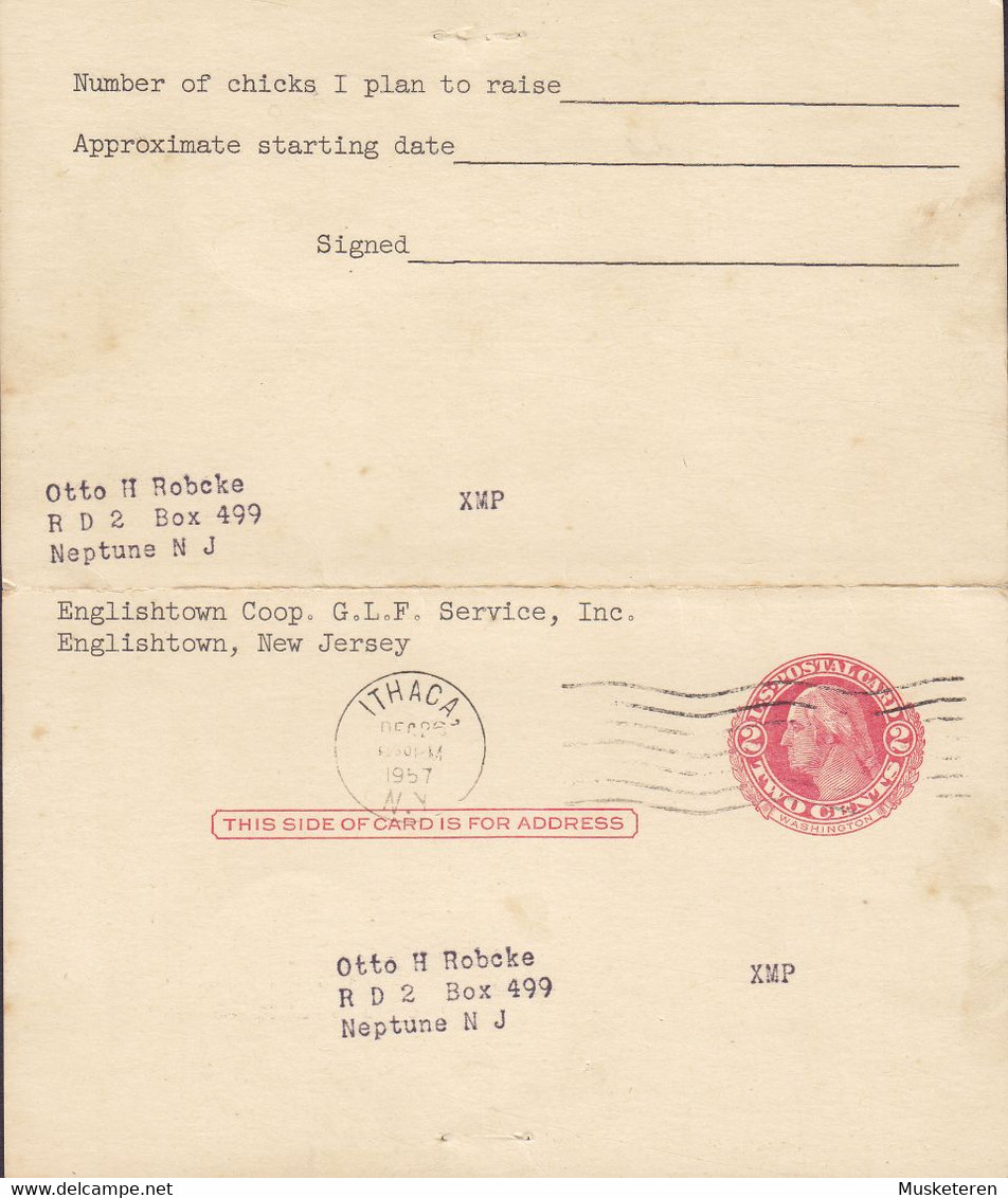 United States Postal Stationery Ganzsache 2/2c. Washington W. Reply Card ENGLISHTOWN COOP ITHACA 1957 NEPTUNE - 1941-60
