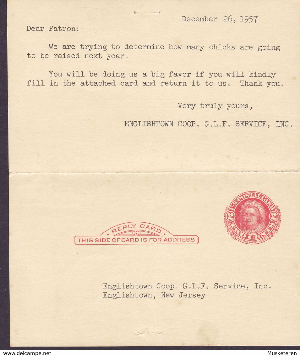 United States Postal Stationery Ganzsache 2/2c. Washington W. Reply Card ENGLISHTOWN COOP ITHACA 1957 NEPTUNE - 1941-60