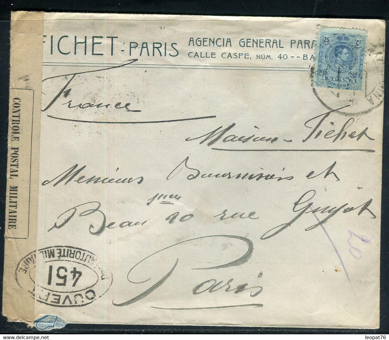 Espagne - Enveloppe Commerciale De Barcelone Pour Paris Avec Contrôle Postal - Réf F154 - Lettres & Documents