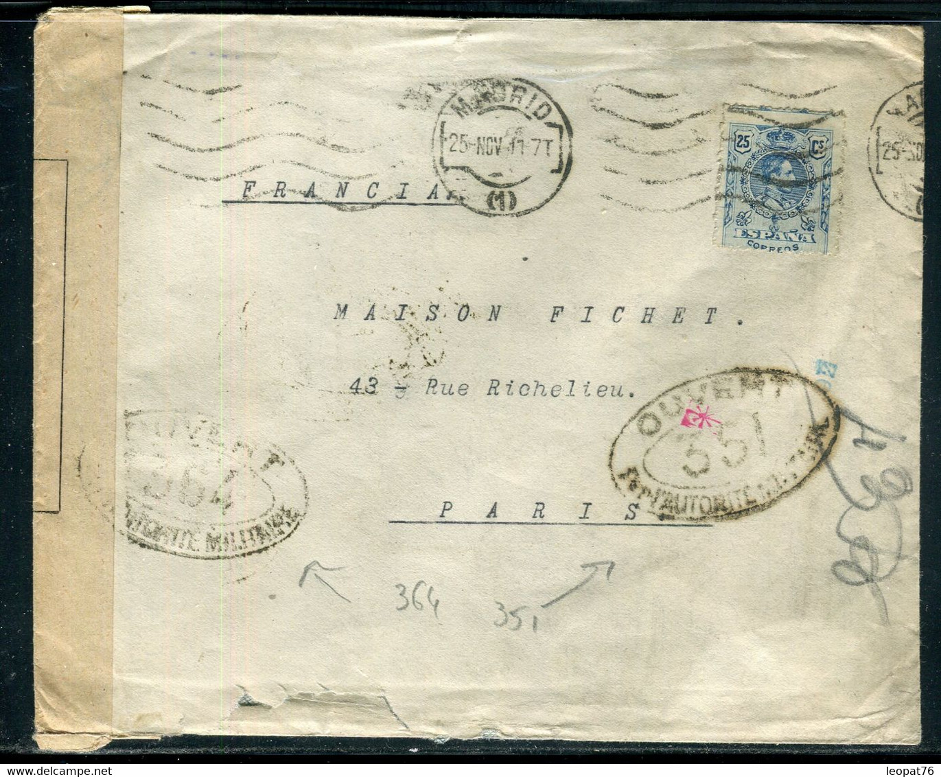 Espagne - Enveloppe De Madrid Pour Paris En 1917 Avec Double Contrôle Postal - Réf F157 - Brieven En Documenten