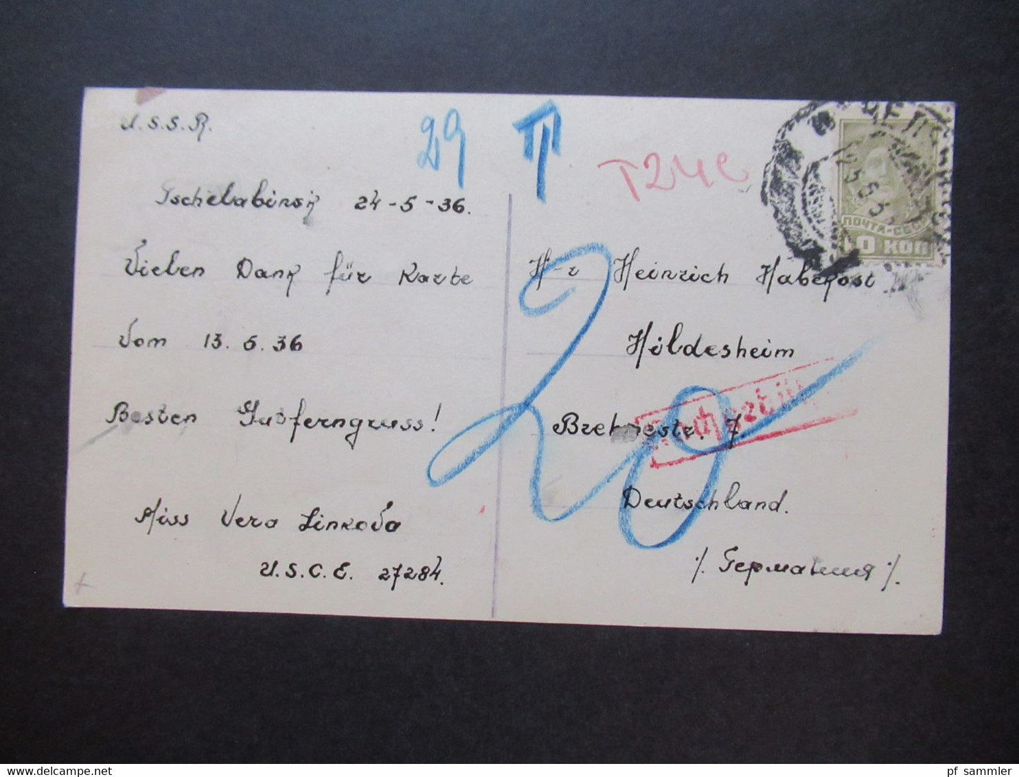 UdSSR 1936 Foto AK Nach Hildesheim Gesendet Mit Rotem Nachgebühr Stempel Und Blaustift 20 / Taxe - Cartas & Documentos