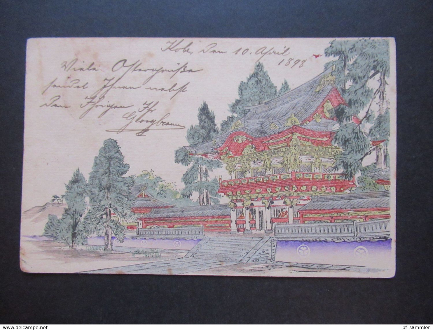 Japan 1898 Ganzsache Bedruckt Und Handbemalt Kobe / Tempel Ostergrüße Nach Peine Übersee PK / GA - Storia Postale