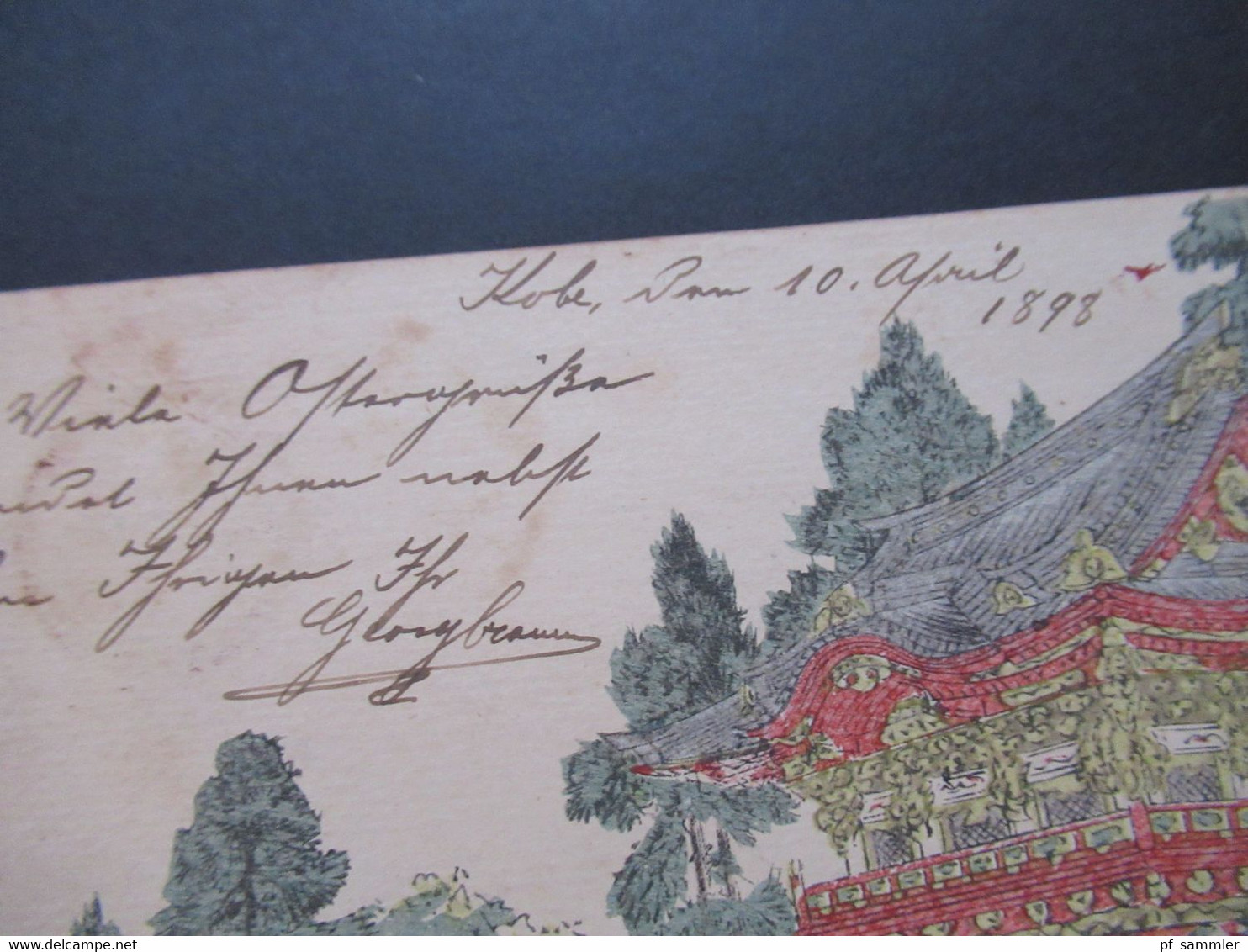 Japan 1898 Ganzsache Bedruckt Und Handbemalt Kobe / Tempel Ostergrüße Nach Peine Übersee PK / GA - Storia Postale