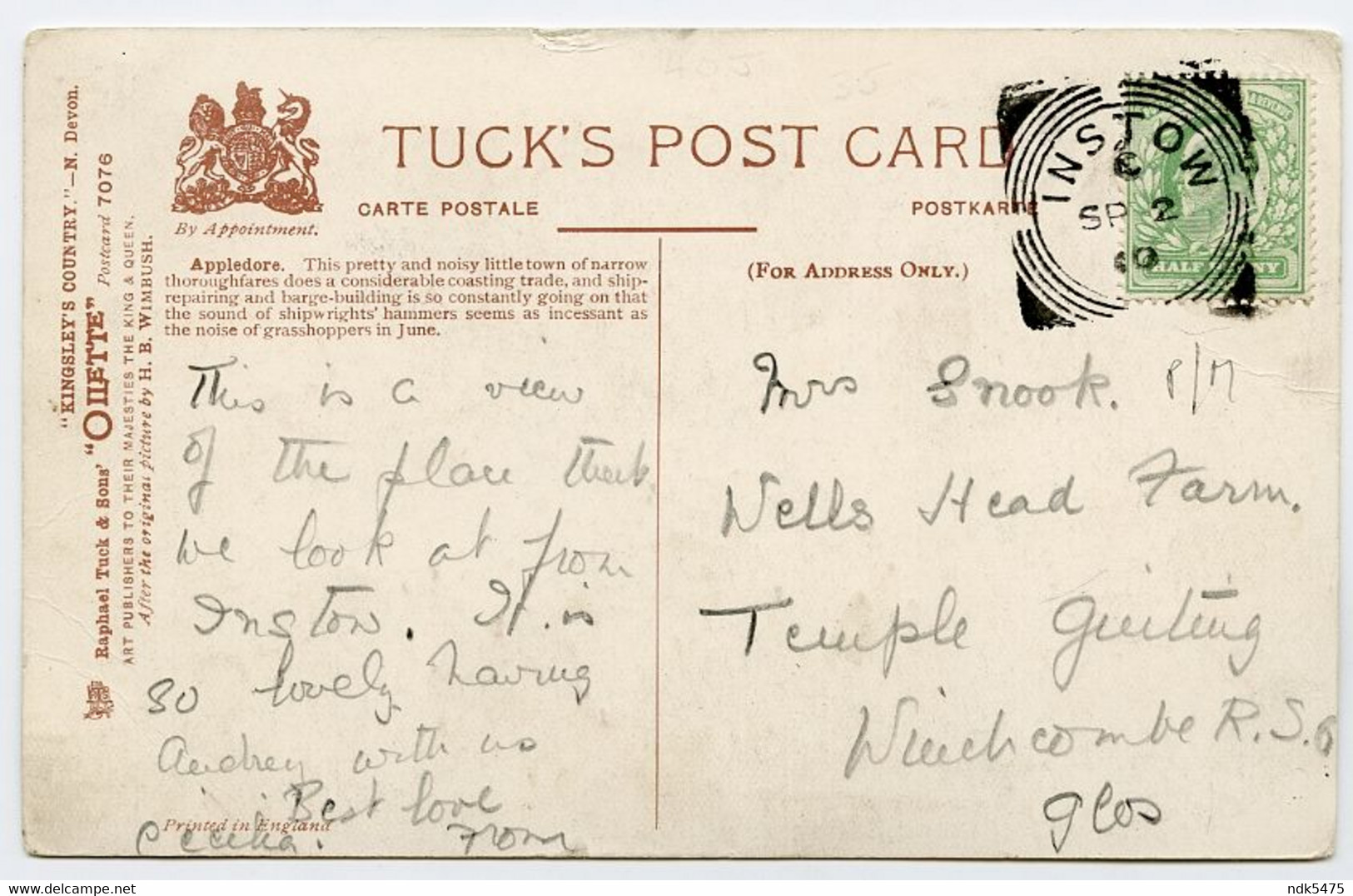 ARTIST : WIMBUSH - APPLEDORE (TUCK'S OILETTE) / POSTMARK - INSTOW / WINCHCOMBE, TEMPLE GUITING, WELLS HEAD FARM (SNOOK) - Wimbush