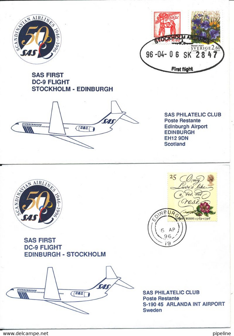 Sweden  - Scotland SAS First DC-9 Flight Stockholm - Edinburgh  6-4-1996 And Return 2 Covers - Covers & Documents