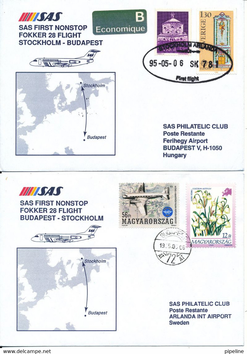 Sweden - Hungary SAS First Fokker 28 Flight Stockholm - Budapest 6-5-1995 And Return 2 Covers - Storia Postale