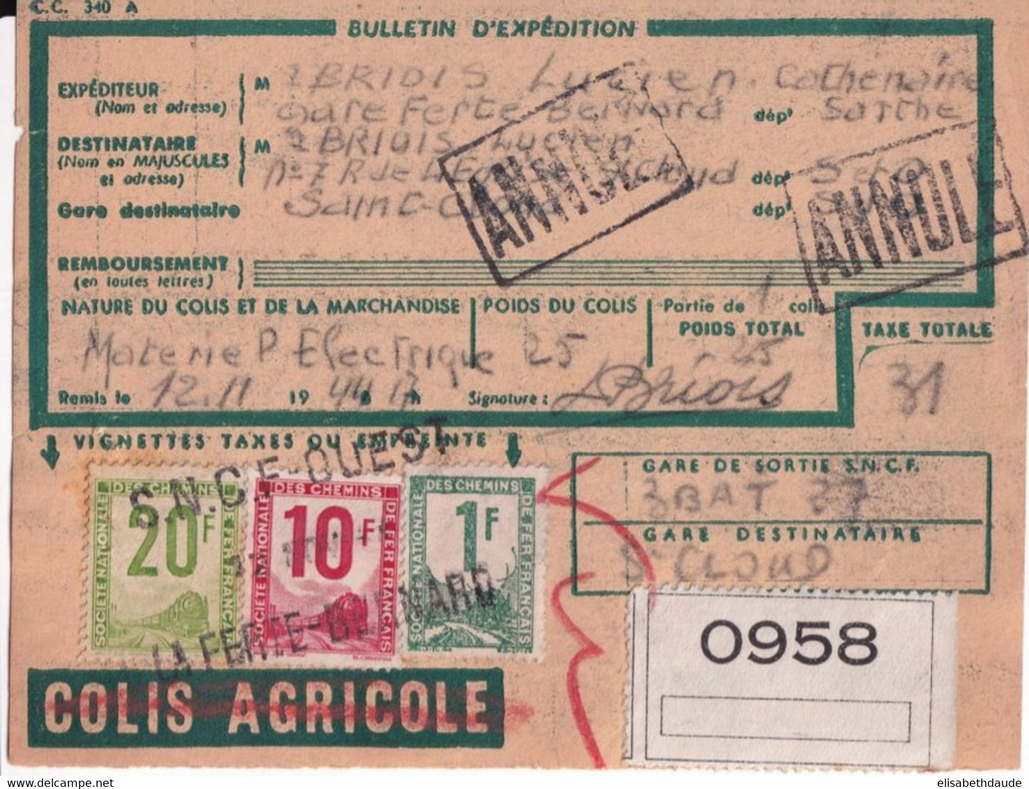 COLIS POSTAUX - 1944 - BULLETIN EXPEDITION De FERTE BERNARD (SARTHE) => SAINT-CLOUD - Cartas & Documentos