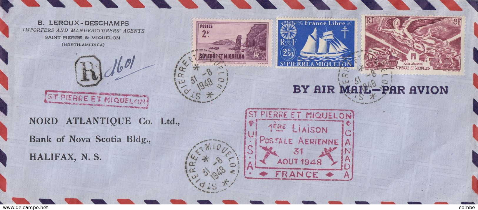 ST PIERRE ET MIQUELON. RECOMMANDE. 31 8 48. POUR HALIFAX. 1° LIAISON P.A.  USA-ST PIERRE-CANADA - Cartas & Documentos