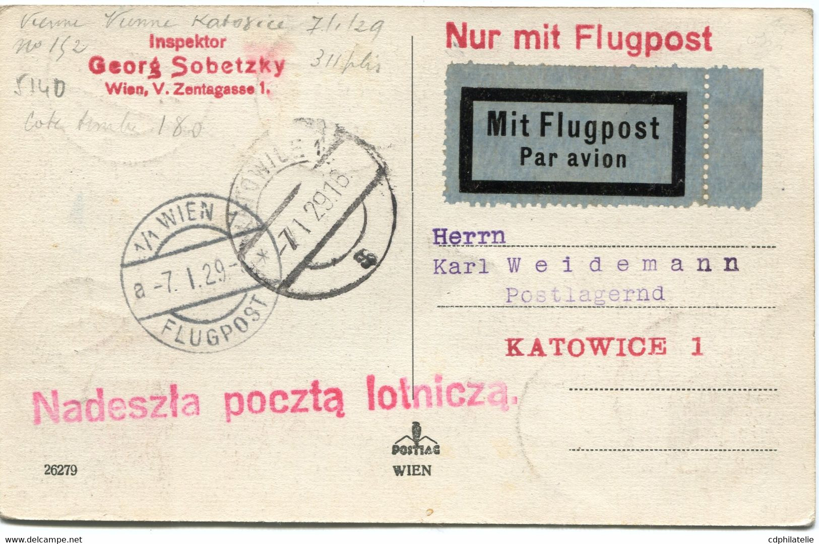 AUTRICHE CARTE POSTALE PAR AVION -WIEN DEPART WIEN 7-1-29 FLUGPOST POUR LA POLOGNE - Autres & Non Classés