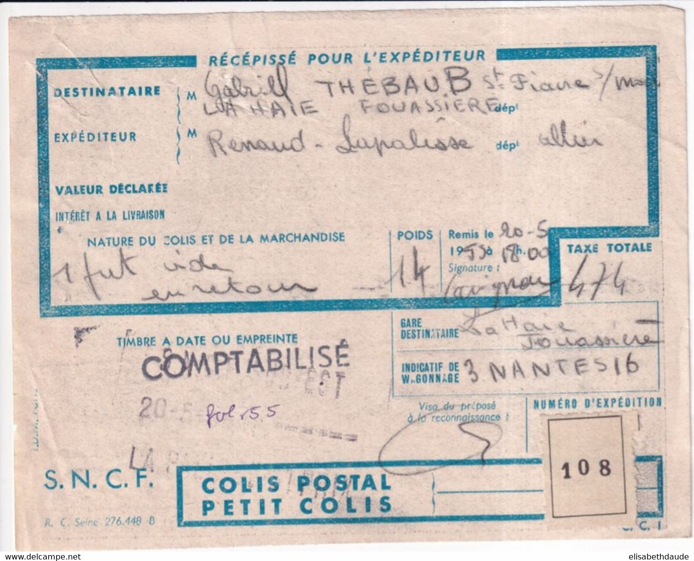 COLIS POSTAUX - 1955 - RECEPISSE EXPEDITION De LAPALISSE (ALLIER) => LA HAIE FOUASSIERE (LOIRE INFERIEURE) - Cartas & Documentos