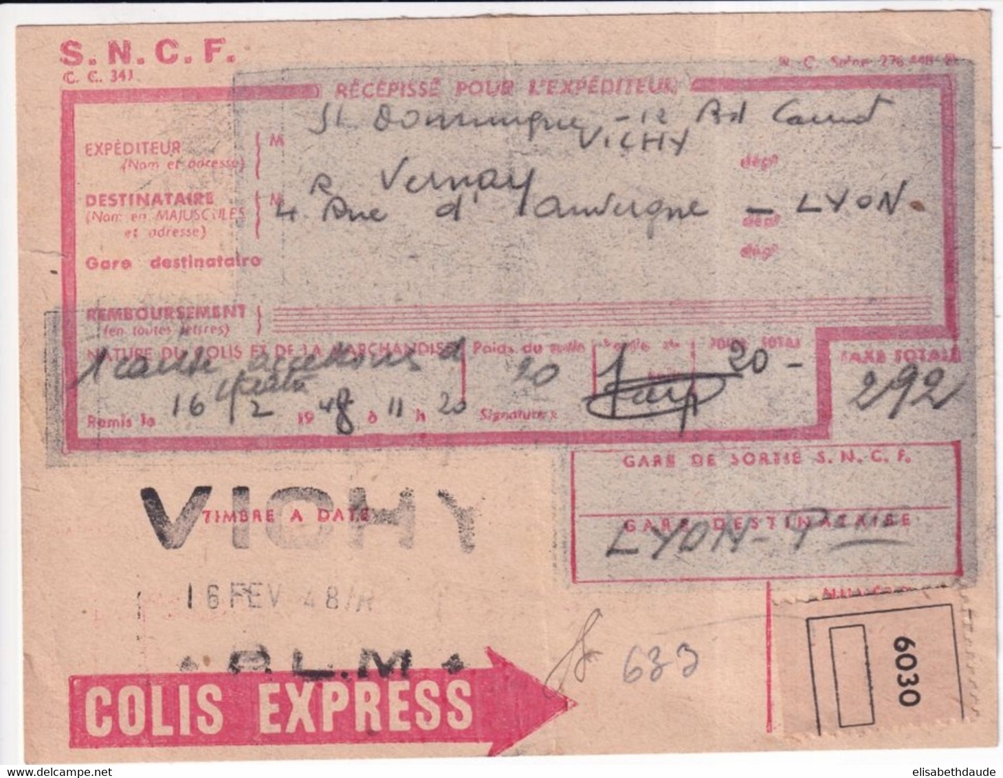 COLIS POSTAUX - 1948 - RECEPISSE COLIS EXPRESS ! De VICHY (ALLIER) => LYON - Storia Postale