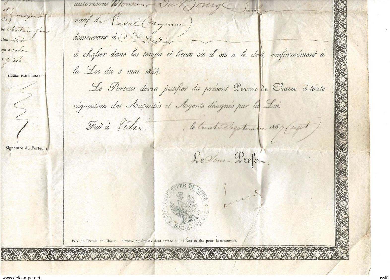 Permis De Chasse 1867 Empire Français Saint - Didier ( 35 ) - Sin Clasificación