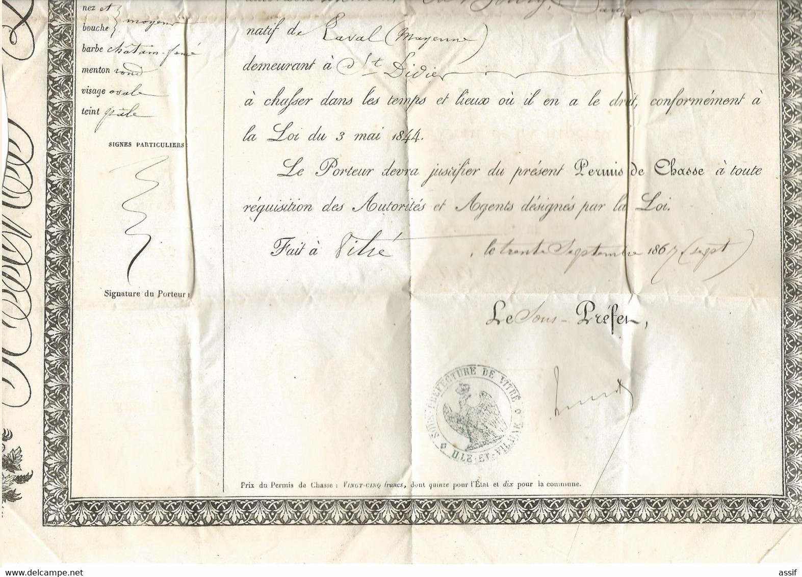 Permis De Chasse 1867 Empire Français Saint - Didier ( 35 ) - Unclassified