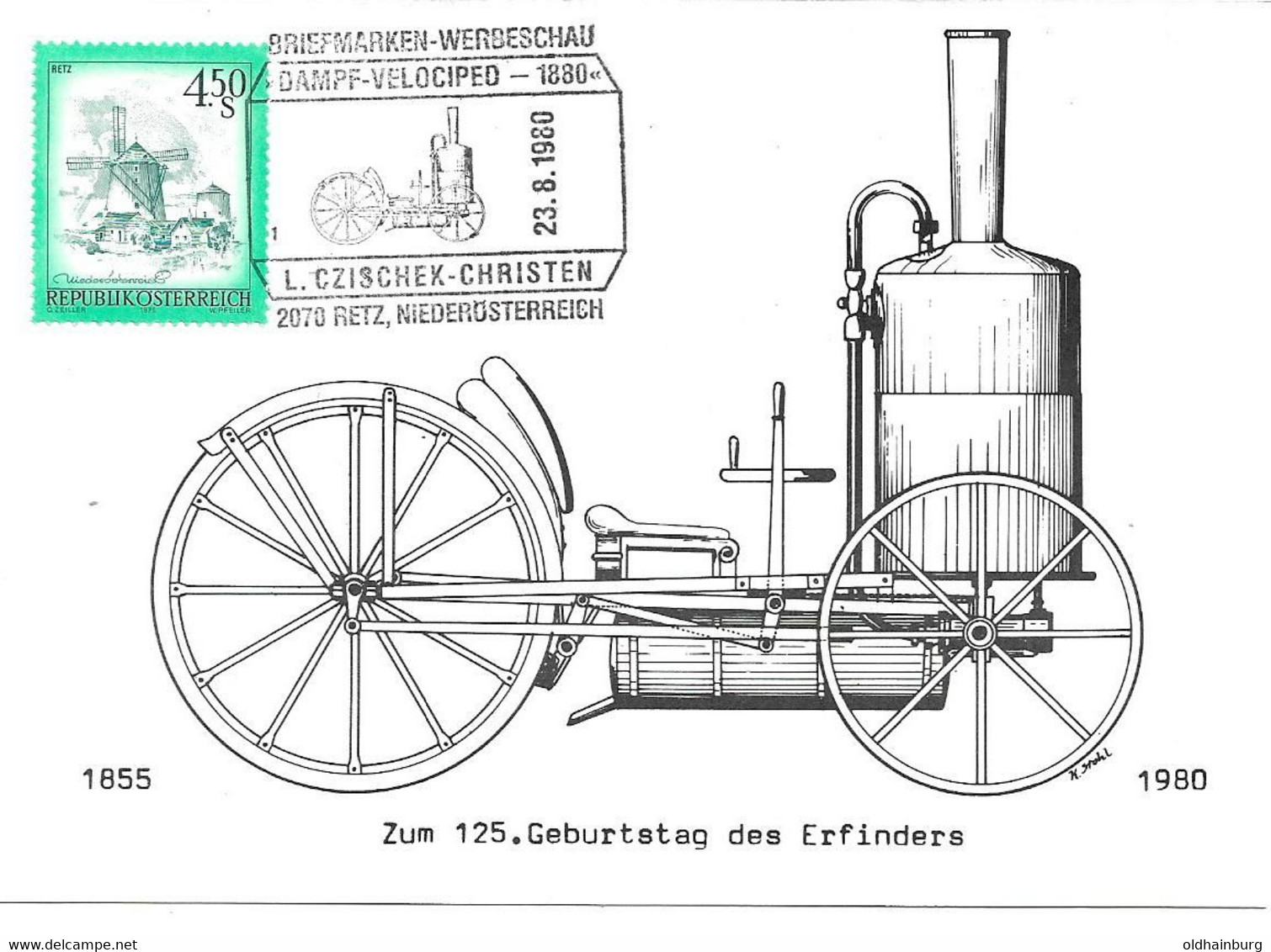 2007r: Sonderbeleg 1980 2070 Retz, Dampf- Velociped Ludwig Czischek - Hollabrunn